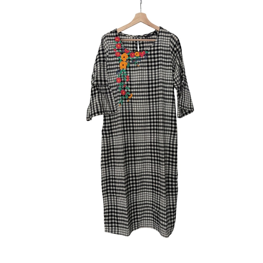 Melange Womens Cotton Cottagecore Embroidered Gingham Floral Midi Tunic Size S